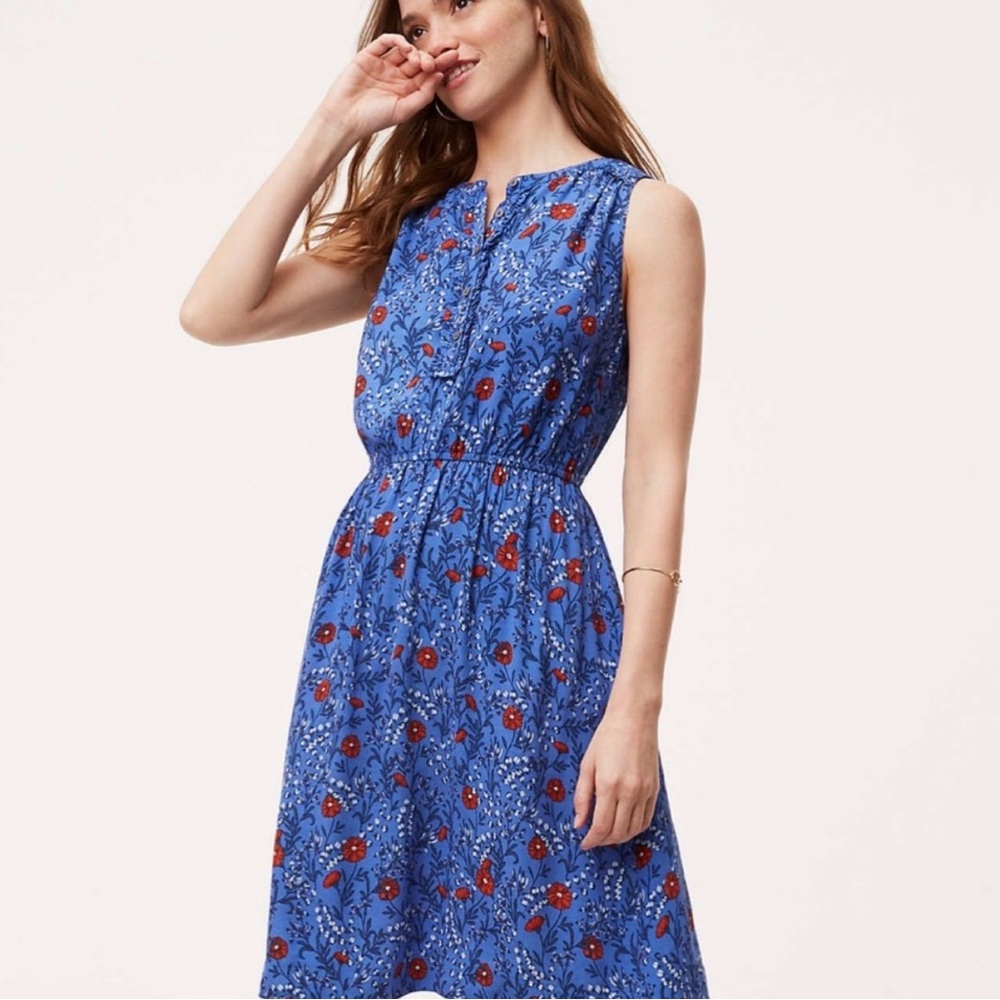 Field Floral Blue Ruffle Henley Dress from LOFT in Size Medium